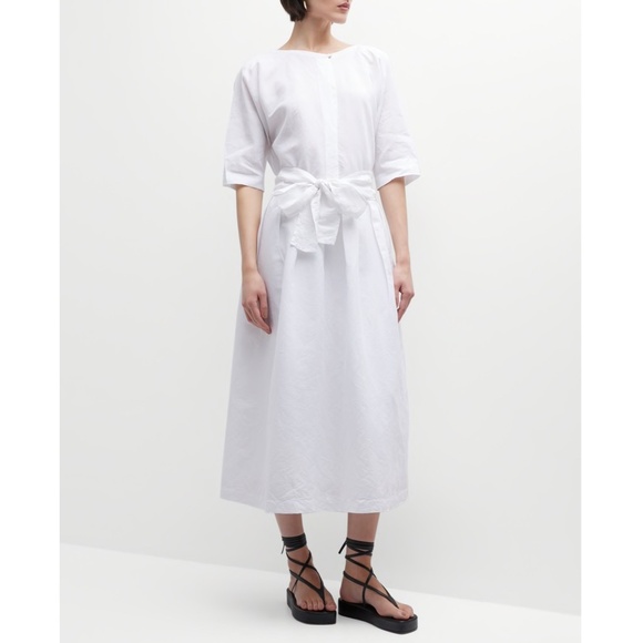 VINCE Linen-Cotton Belted Boat Neck Dress in Optic White Size Medium M - Picture 1 of 7